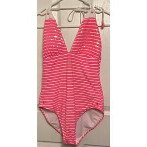 Sperry Top Sider Pink White Sequin Striped One Piece Swimsuits Size Medium M